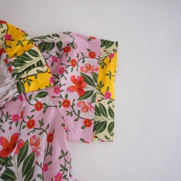 Alden Adair Pink Floral Button Front Tiered Ruffle Short Sleeve Cotton Dress S - Picture 10 of 11